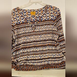 Ruby Rd. Geometric Print Knit Tunic in Blue, Brown & Cream